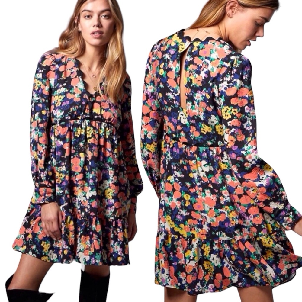 Anthropologie Floral Mini Dress in Black, Coral, Yellow, Purple